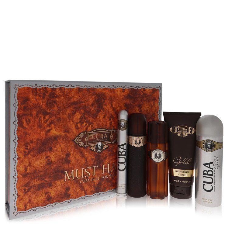 Cuba Gold Gift Set 3.3 oz Eau De Toilette Spray + 3.3 oz After Shave Spray + 6.7 oz Body Deodorant Spray + 6.7 oz Shower Gel + 1.17 oz EDT Spray For Men By Fragluxe