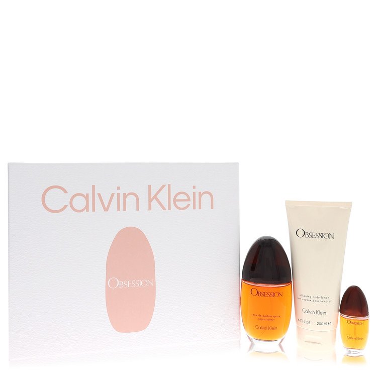 Obsession Gift Set By Calvin Klein 3.4 oz Eau De Parfum Spray + 6.7 oz Body Lotion + .5 oz Mini EDP Spray For Women By Calvin Klein