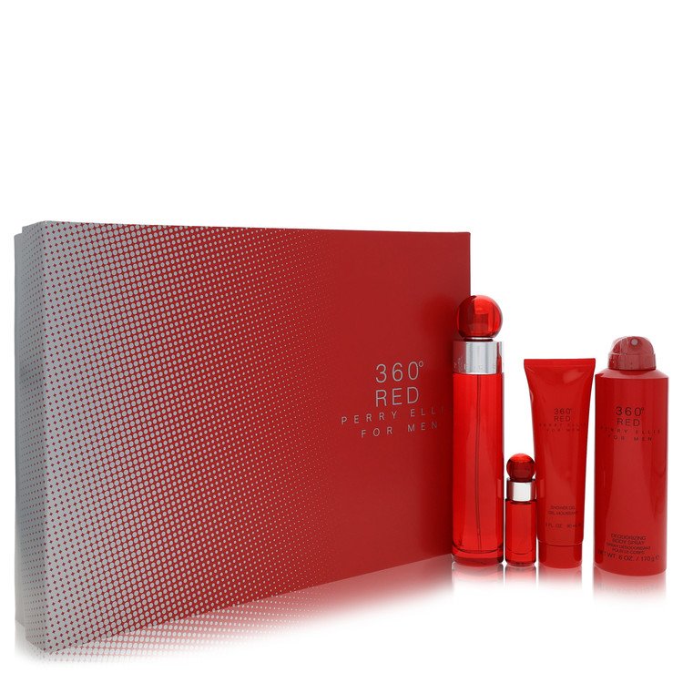 Perry Ellis 360 Red Gift Set 3.4 oz Eau De Toilette Spray + .25 oz Mini EDT Spray + 6 oz Body Spray + 3 oz Shower Gel For Men By Perry Ellis