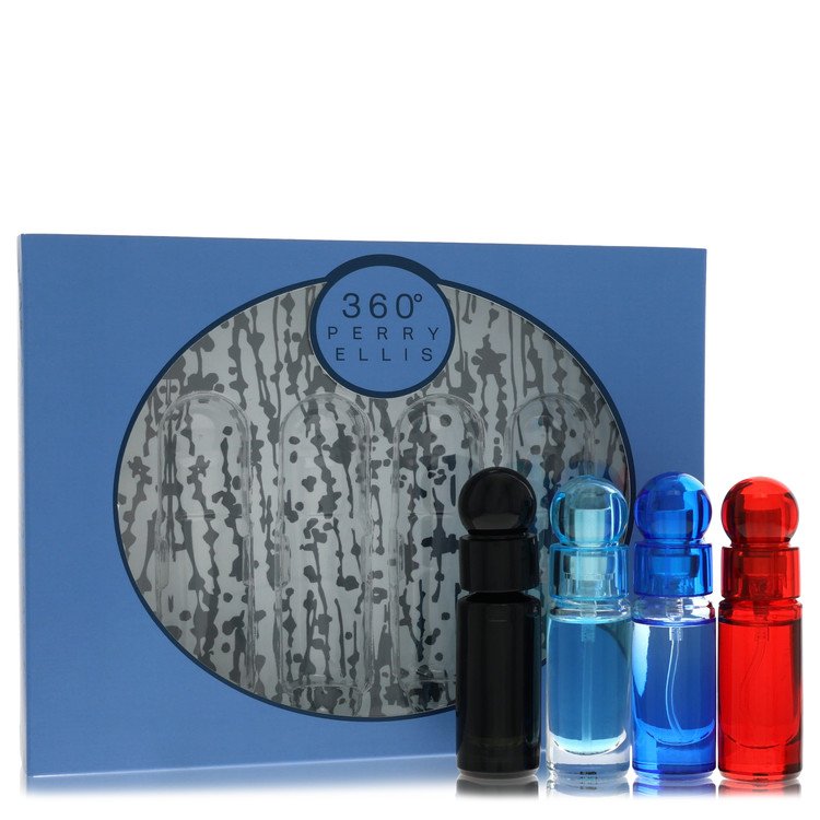 Perry Ellis 360 Gift Set Four piece Travel Gift Set Includes .25 oz Mini EDT Spray of each. 360 Black, 360 For Men, 360 Very Blue, 360 Red. For Men By Perry Ellis