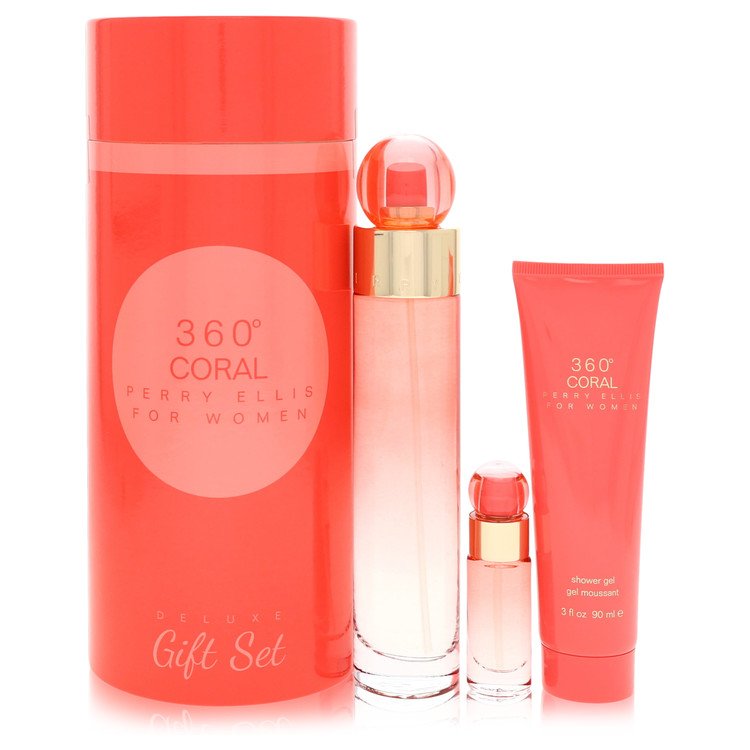 Perry Ellis 360 Coral Gift Set 3.4 oz Eau de Parfum Spray + .25 oz Mini EDP Spray + 3 oz Shower Gel For Women By Perry Ellis