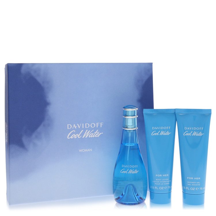 Cool Water Gift Set 3.4 oz Eau De Toilette Spray + 2.5 oz Body Lotion + 2.5 oz Shower Gel For Women By Davidoff
