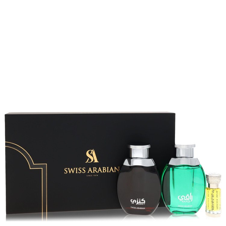 Kenzy Gift Set 2 x 3.4 oz Eau De Parfum in Raaqi & Kenzy + .4 oz Concentrated Perfume Oil in Private Musk For Men By Swiss Arabian