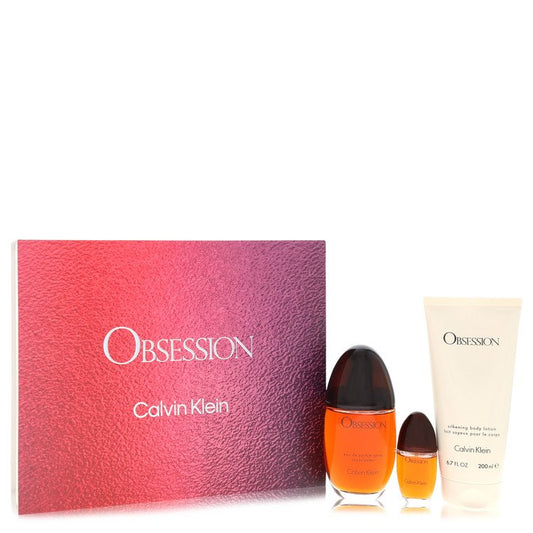 Obsession Gift Set 3.4 oz Eau De Parfum Spray + 6.7 oz Body Lotion + .5 oz Mini EDP Spray For Women By Calvin Klein