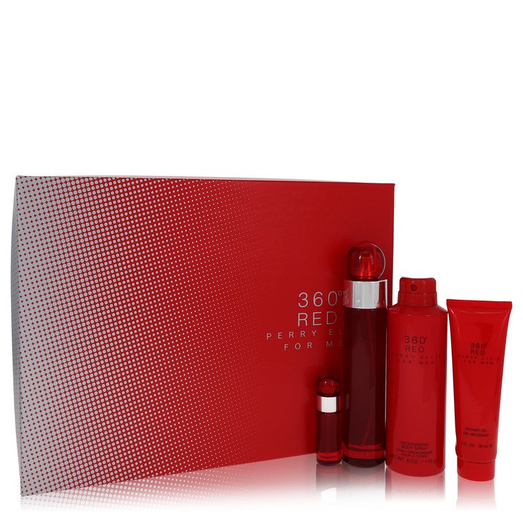 Perry Ellis 360 Red Gift Set 3.4 oz Eau De Toilette Spray + .25 oz Mini EDT Spray + 6 oz Body Spray + 3 oz Shower Gel For Men By Perry Ellis