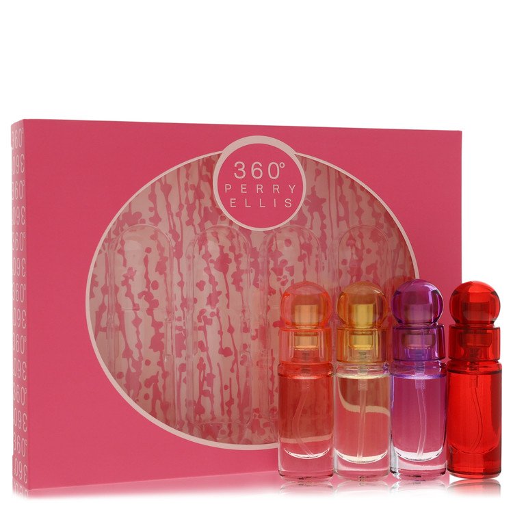 Perry Ellis 360 Gift Set Four piece Travel Gift Set Includes .25 oz Mini Eau De Parfum Spray of each. 360 Coral, 360 For Women, 360 Purple, 360 Red. For Women By Perry Ellis