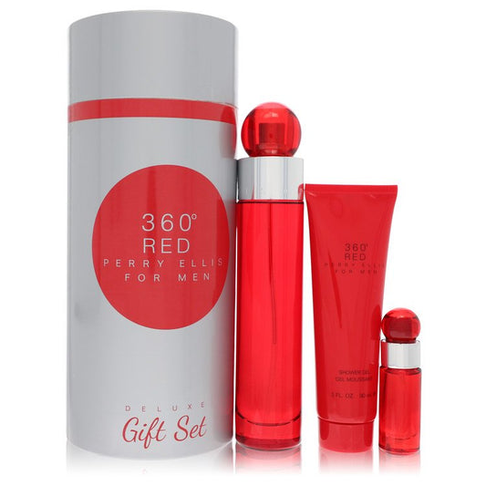 Perry Ellis 360 Red Gift Set 3.4 oz Eau De Toilette Spray + .25 oz Mini EDT Spray + 3 oz Shower Gel in Tube Box For Men By Perry Ellis