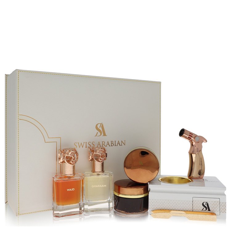 Swiss Arabian Bakhoor Dukhoon Al Haram Gift Set Gift Set contains 2 x 1.7 oz Eau De Parfum in Wajd & Gharaam + 2 x 60 grams of Incense in Dukhoon Al Haram & Oud Muattar Mumtaz For Men By Swiss Arabian