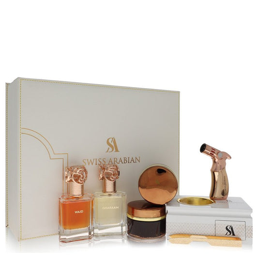 Swiss Arabian Bakhoor Dukhoon Al Haram Gift Set Gift Set contains 2 x 1.7 oz Eau De Parfum in Wajd & Gharaam + 2 x 60 grams of Incense in Dukhoon Al Haram & Oud Muattar Mumtaz For Men By Swiss Arabian