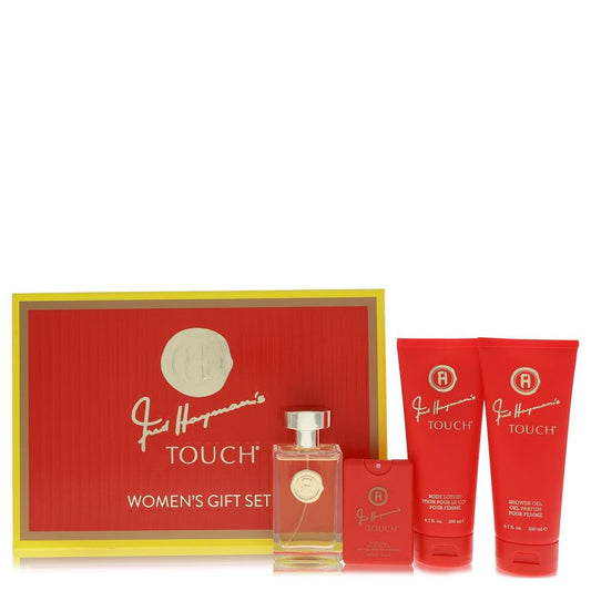 Touch Gift Set 3.4 oz Eau De Toilette Spary + 6.7 oz Body Lotion + 6.7 oz Shower Gel + 0.61 oz Pocket Soray For Women By Fred Hayman