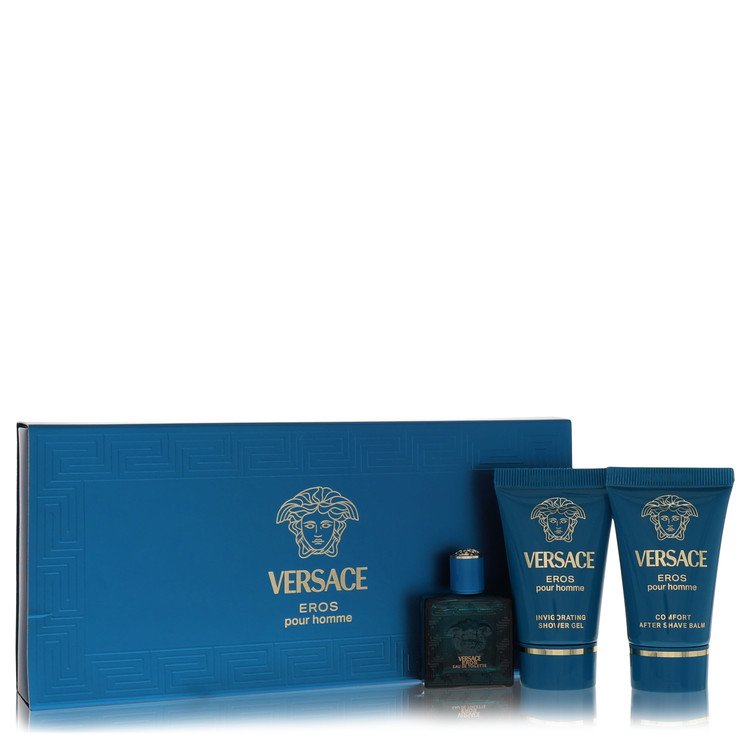 Versace Eros Gift Set .17 oz Mini EDT + .8 oz Shower Gel + .8 oz After Shave Balm For Men By Versace