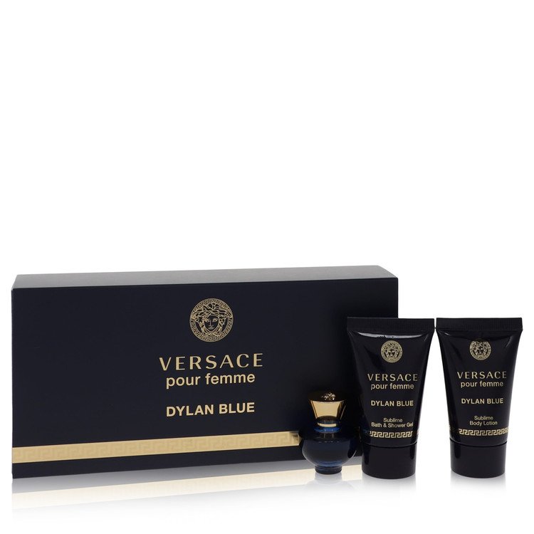 Versace Pour Femme Dylan Blue Gift Set 0.17 oz Mini EDP + 0.8 oz Body Lotion + 0.8 oz Shower Gel For Women By Versace